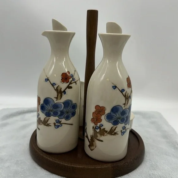 Vintage Cruet 6-Piece Set-Porcelain/Ceramic/Wood with Table Caddy - Picture 4 of 12